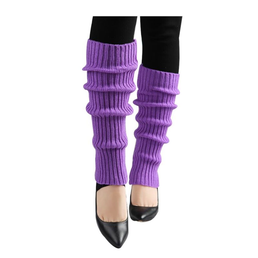 Knitted Toeless Solid Warm Stretchy Knee High Ribbed Leg Warmers Purple